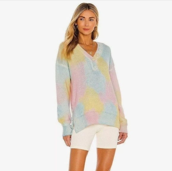 Love Shack Fancy Sweater Women's XS Pink Blue Naveen V-Neck Pullover Fairy Tale